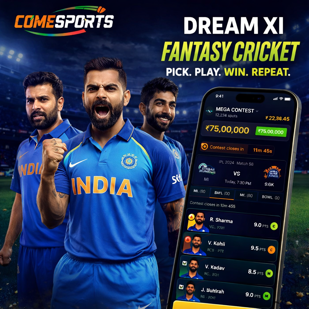 Come Cric 11 fantasy cricket and India team visual